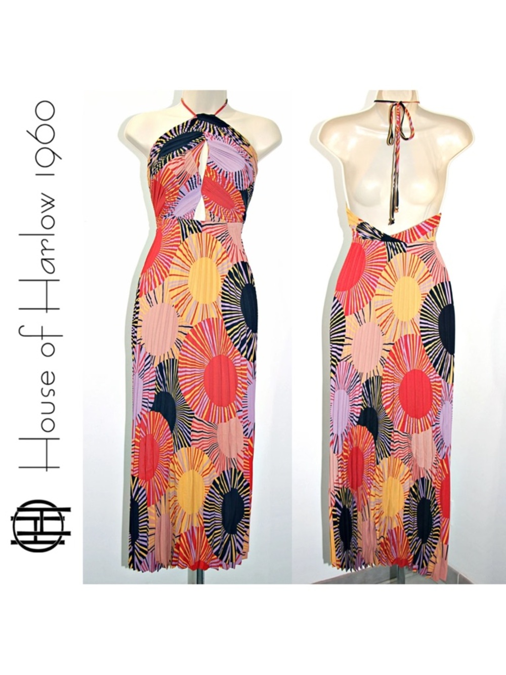 House of Harlow 1960 Halter Neck Backless Pleated Maxi Dress Small NWOT